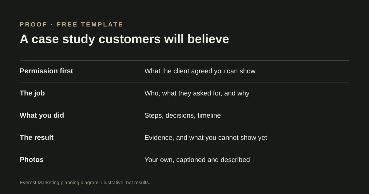 The parts of a service business case study: permission, client, problem, work, result and photos