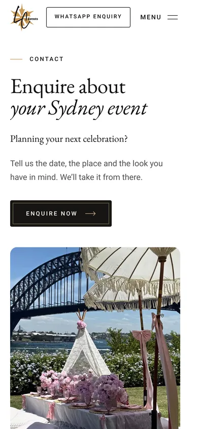 LC Events contact page on a phone with an ‘Enquire now’ button