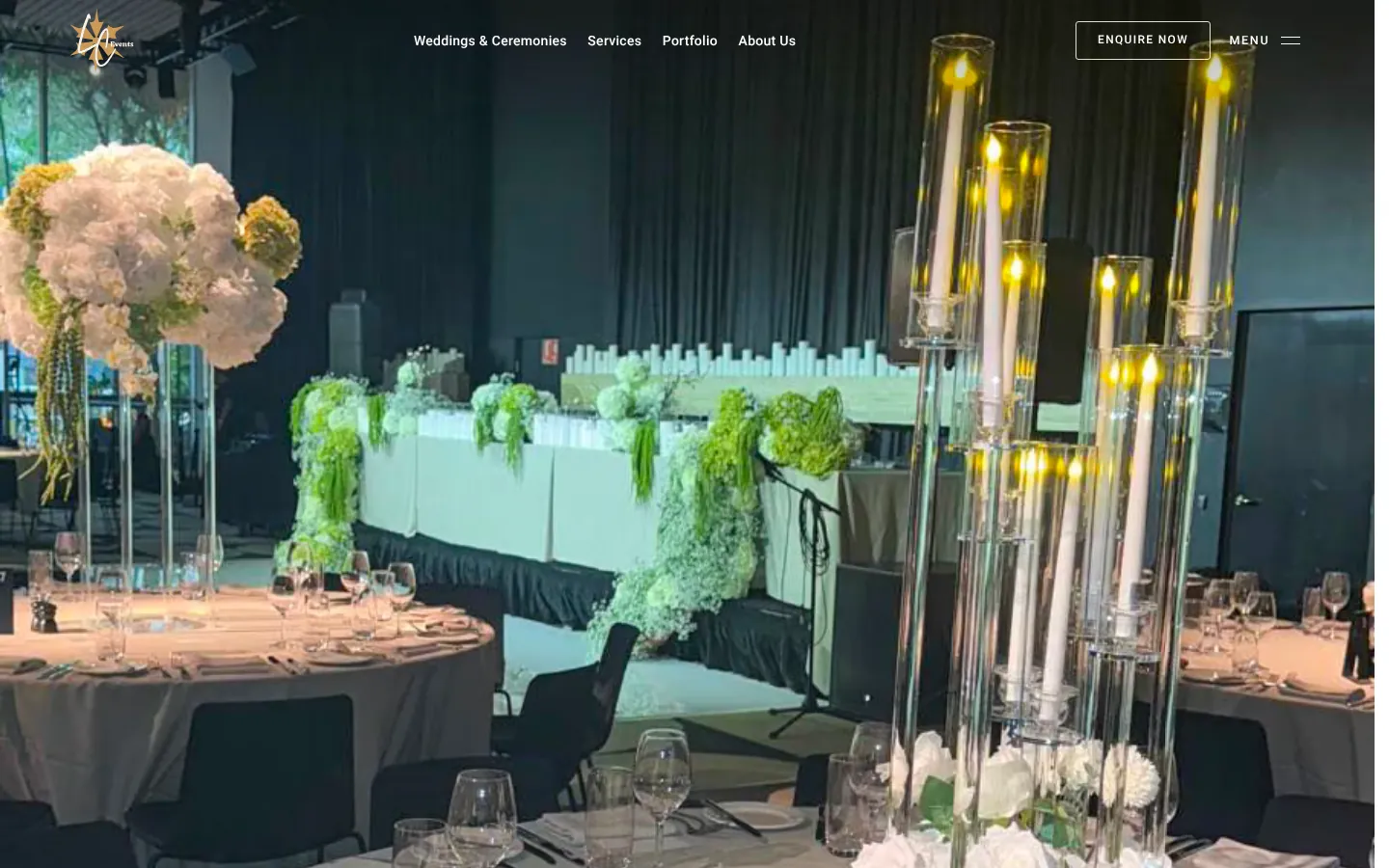 The LC Events homepage on desktop: a candlelit reception with tall floral centrepieces and the heading ‘Wedding & event styling, thoughtfully arranged’