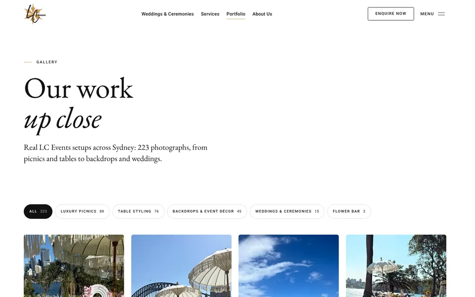 The LC Events portfolio page, ‘Our work up close’, with category filters for picnics, table styling, backdrops, weddings and flower bar