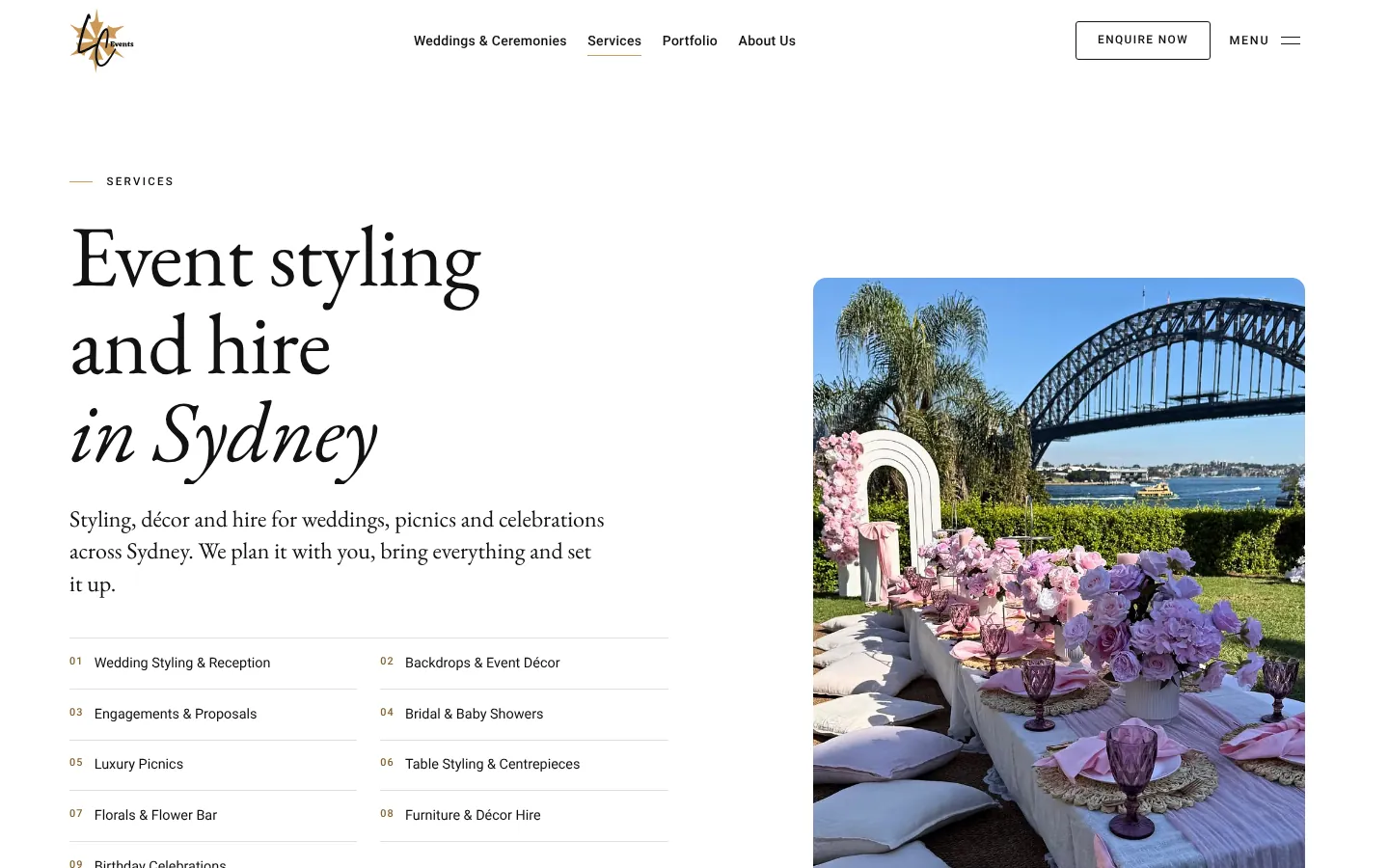 The LC Events services page, with each service linked to its own page