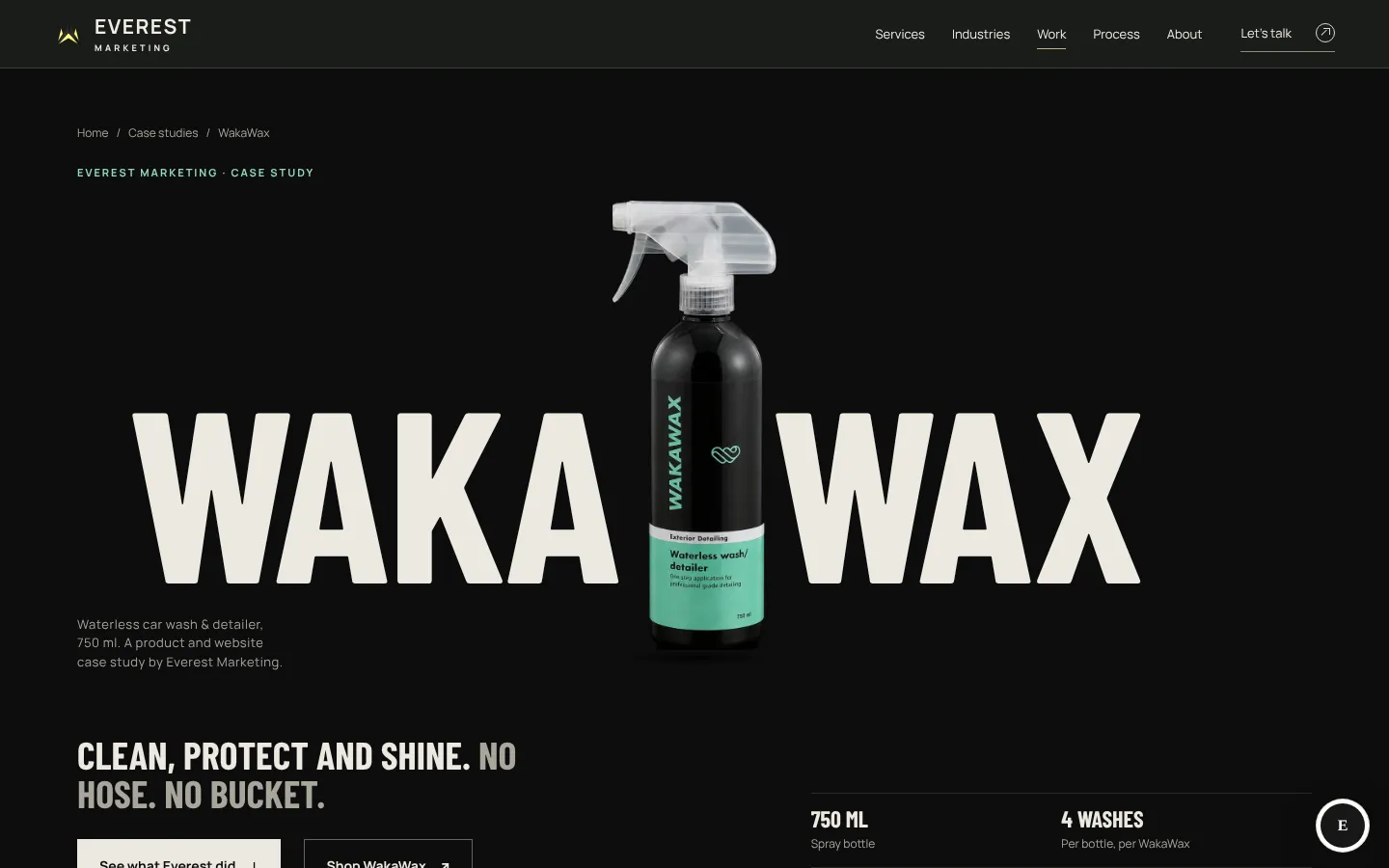 The WakaWax product case study page Everest designed and built, on a desktop screen