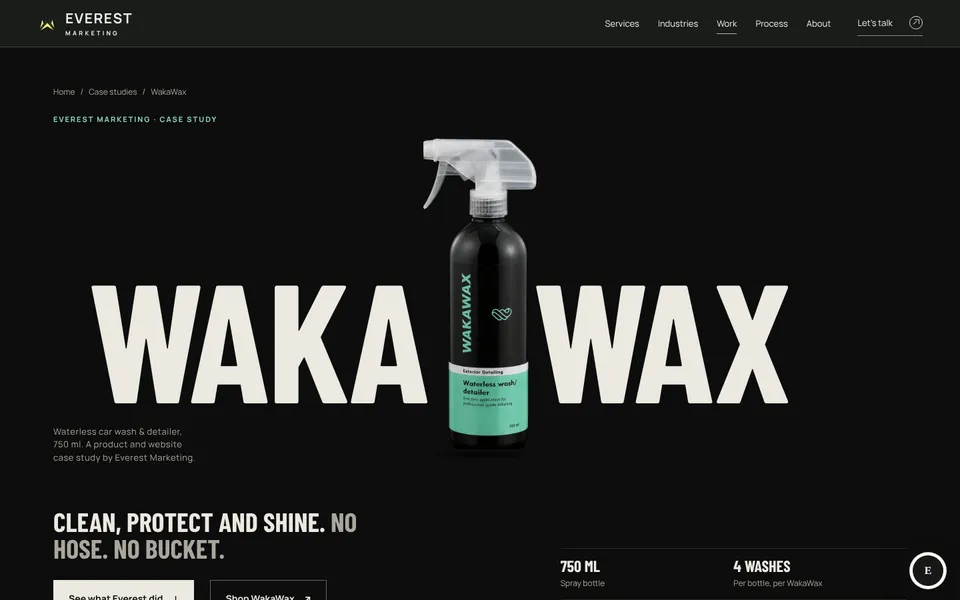 The WakaWax case study page on desktop