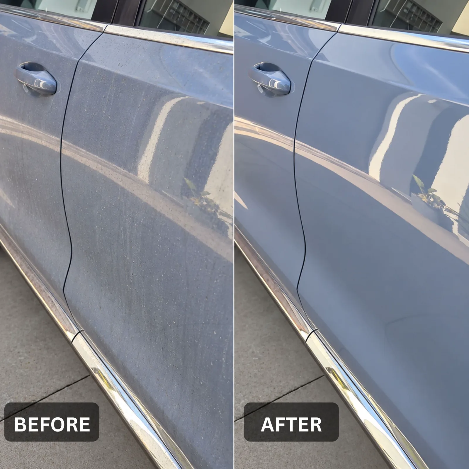 WakaWax’s own before and after photograph of a blue car door: dull and dusty before, clean and glossy after