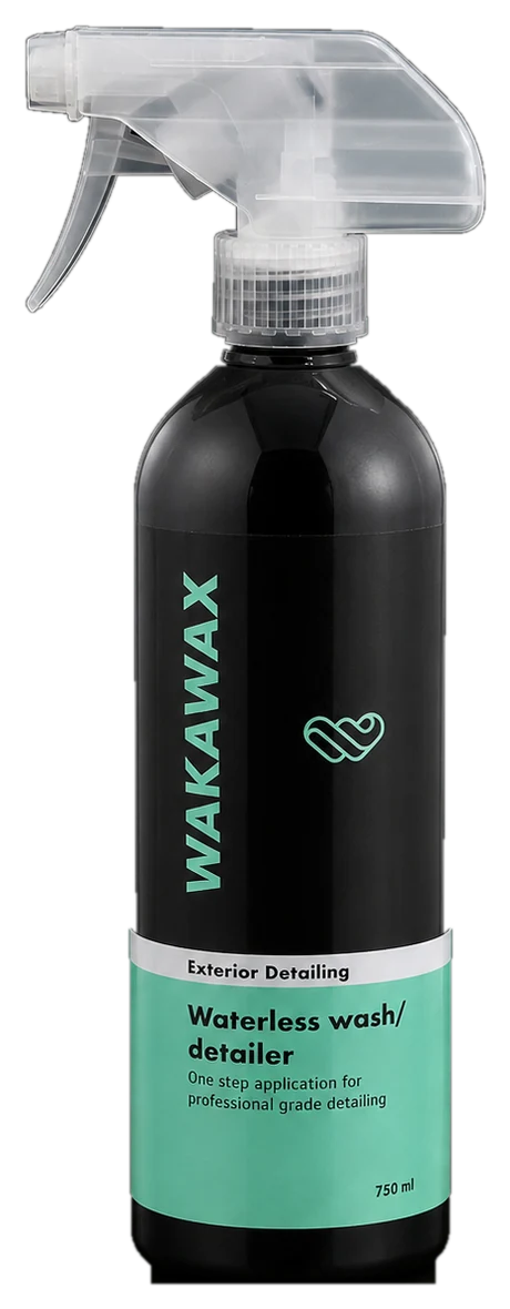 WakaWax Waterless Wash & Detailer 750 ml: black bottle, mint Exterior Detailing label and clear trigger sprayer