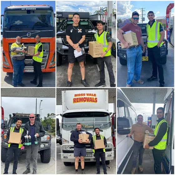 Six photos of truck drivers and WakaWax sellers with boxes of WakaWax