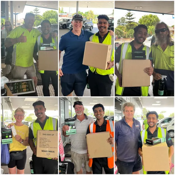 Six photos of customers and sellers holding boxes of WakaWax at service stations