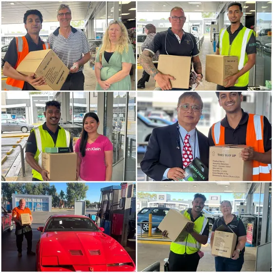 Six photos of customers receiving boxes of WakaWax, including beside a red sports car