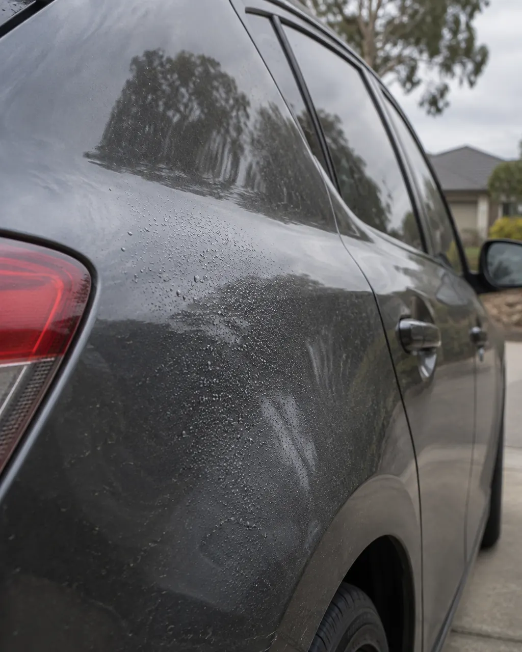 A fine mist of droplets across the dusty door panel of a dark grey car on an overcast day