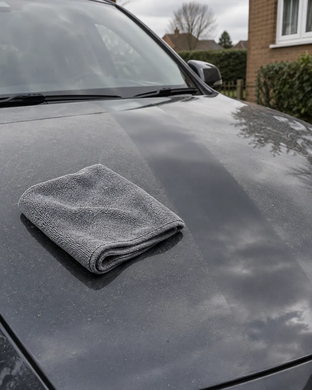 A folded grey microfibre cloth on a dark car bonnet, with one wiped path through light dust